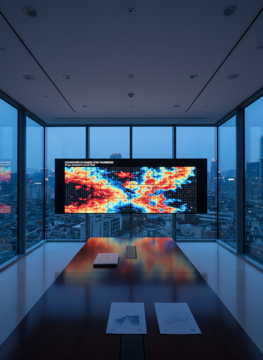 A wide, eye-level photographic shot of a large glass-walled meeting room at dusk, where a sleek, ultra-wide digital screen dominates the far wall, showing a stylized heatmap-like visualization of 26-year revenue and yield trends for Chungmuro extended-stay properties. The colored grid glows softly, reflecting off a polished dark wood conference table that holds only a closed laptop and a few neatly arranged, unbranded charts. City lights blur outside the windows, creating a subtle bokeh. Cool overhead lighting mixes with the blue evening ambience to create a serious, investigative mood. The composition is symmetrical and spacious, emphasizing transparency, long-term perspective, and trustworthy operator-sourced data.