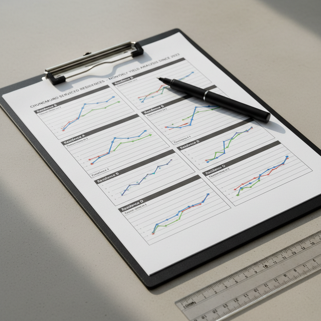 A close-up photographic scene of a matte-black metal clipboard holding a detailed, printed monthly report for four Chungmuro guesthouse-style serviced residences, with neatly organized rows and columns of numbers, charts, and colored trend arrows suggesting cash yields since 2023. The text is intentionally unreadable, but the structured layout is clear. A fine-tip pen rests diagonally across the page, and a thin, transparent ruler lies parallel to the table edge. The surface beneath is a smooth, light concrete, giving a modern, editorial feel. Soft morning light enters from the left, creating subtle highlights on the metal clip and gentle shadows along the paper edges. The mood is focused and precise, ideal for a professional monthly news summary site.