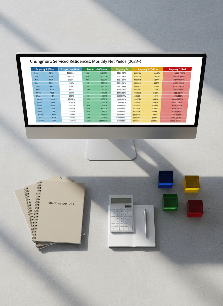 A clean, modern overhead photographic view of a minimalist analyst’s desk focused on a large, borderless monitor displaying a crisp, colorful financial table representing monthly net yields for four Chungmuro serviced residences from 2023 onward. Around the monitor, there are neatly stacked neutral-toned reports, a slim metallic calculator, and four distinct color-coded acrylic blocks subtly symbolizing the four properties. Soft, diffused daylight from a nearby window casts gentle shadows, giving the scene a calm, professional atmosphere. The composition follows the rule of thirds with sharp focus across the frame, emphasizing clarity and reliability. The overall mood is analytical yet reassuring, with a realistic, contemporary office aesthetic that supports a data-driven news site about actual operator-sourced performance.